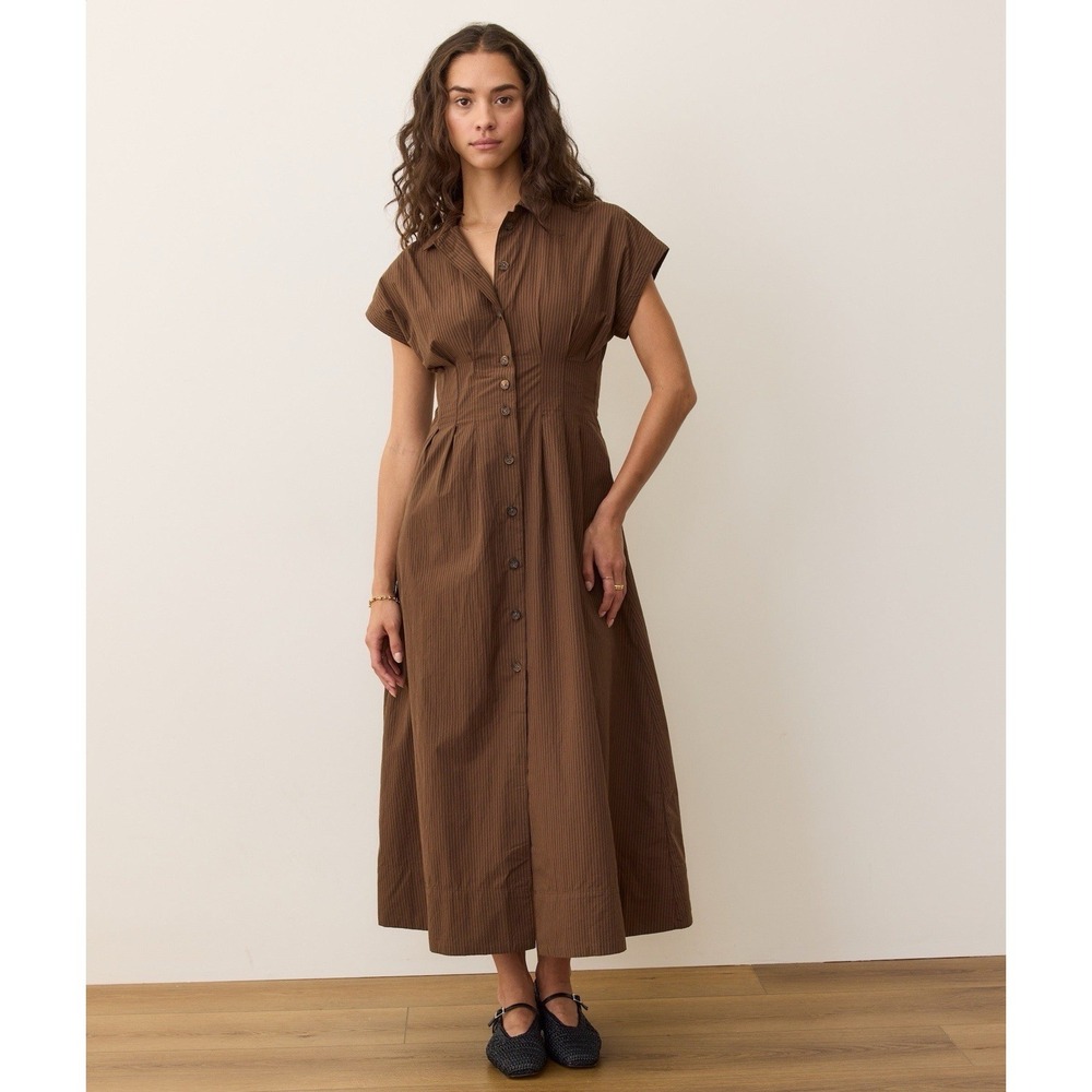 Marine Layer Arden Midi Shirt Dress NWT Brown Black Pinstripe Pima Cotton Sz S - Picture 2 of 16